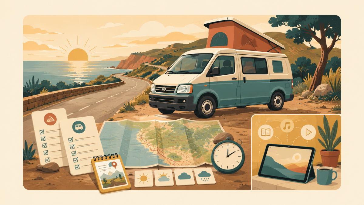 Van aménagé sur une route côtière avec carte, météo, checklist et minuteur de loisir numérique.