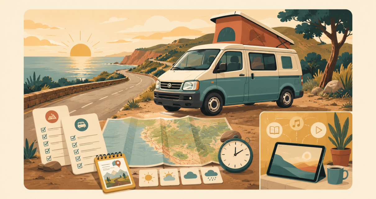 Van aménagé sur une route côtière avec carte, météo, checklist et minuteur de loisir numérique.