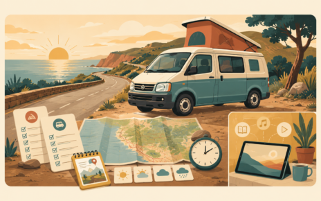 Van aménagé sur une route côtière avec carte, météo, checklist et minuteur de loisir numérique.